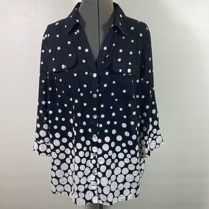 Notations Button Front Three Quarter Tab Sleeve Polka Dot Top Size 1X